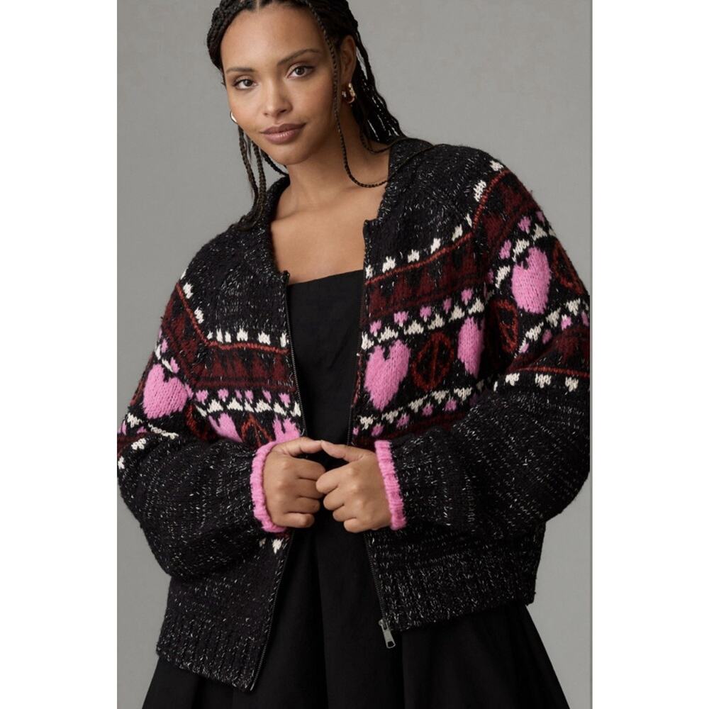 ANTHROPOLOGIE PILCRO PEACE SIGN LOVE HEART ICON SWEATER CARDIGAN GRAY PLUS 2X